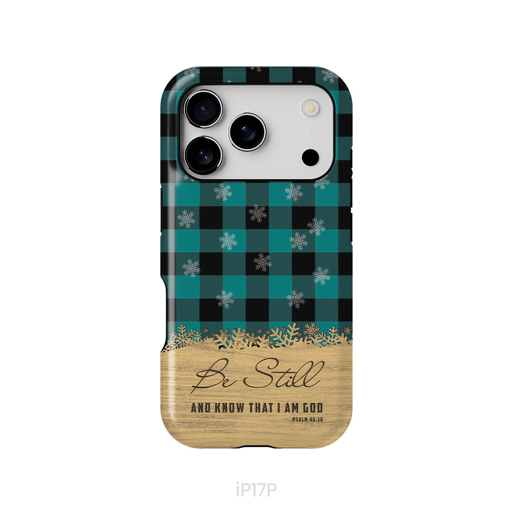 Be still and know that I am God, teal black buffalo plaid, Christmas phone case