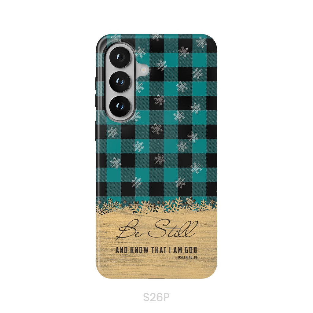 Be still and know that I am God, teal black buffalo plaid, Christmas phone case