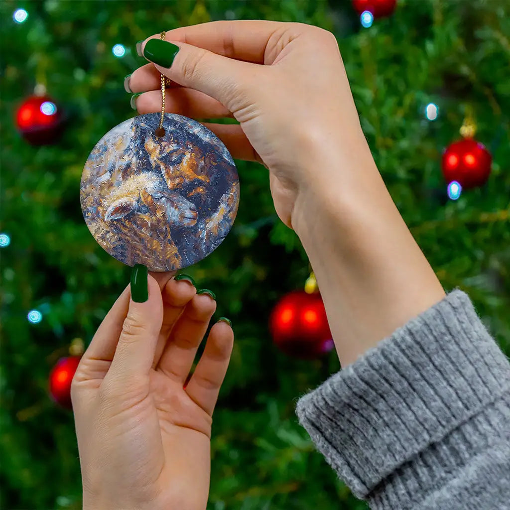 Faith-based ornament with abstract art of Jesus and the lost sheep, perfect for holiday decor.