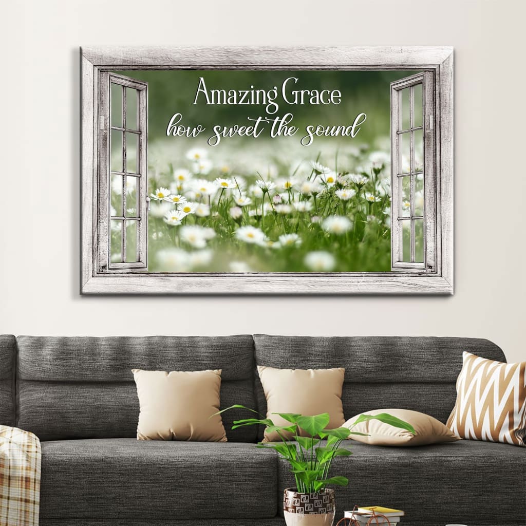 Christian wall art featuring "Amazing Grace" hymn with daisy white flowers and wooden window frame design.