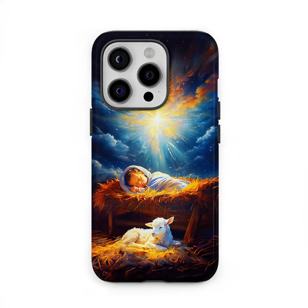 Christian phone case featuring Baby Jesus with a lamb in the manger, perfect for Christmas gifts.