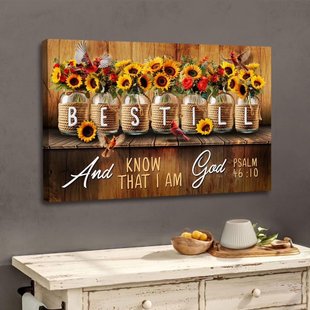Christian wall art with Psalm 46:10, "Be still and know that I am God," featuring a mason jar with flowers, perfect for home decor.