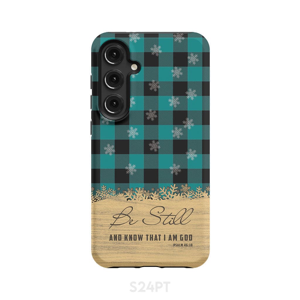 Be still and know that I am God teal black buffalo plaid Christmas phone case Samsung Galaxy S24 Plus / Tough