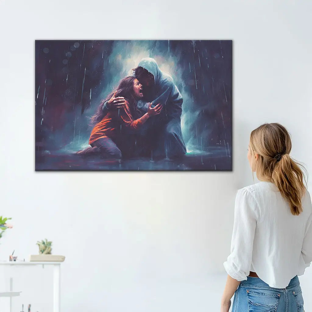 Christian Art: Jesus Holds A Woman In The Storm Wall Art Canvas