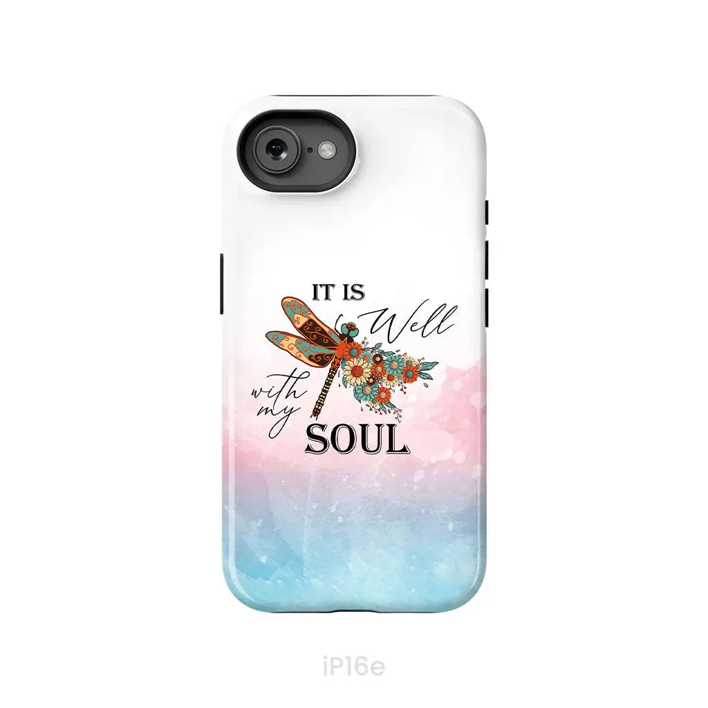 Christian Phone Case It Is Well With My Soul Dragonfly Flowers iPhone 16e / Tough Case
