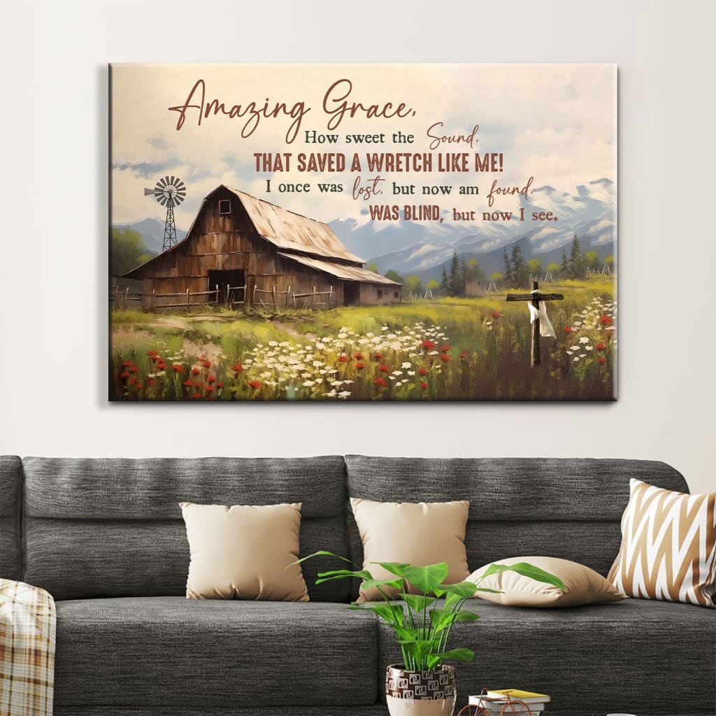 Amazing Grace How Sweet the Sound Old Barn With Flowers Wall Art Canvas