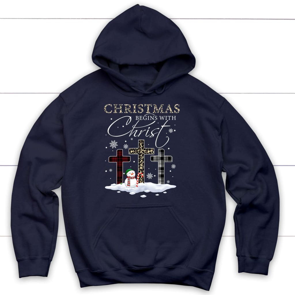 Christmas Begins With Christ Crosses Snowman Christmas Hoodie Navy / S