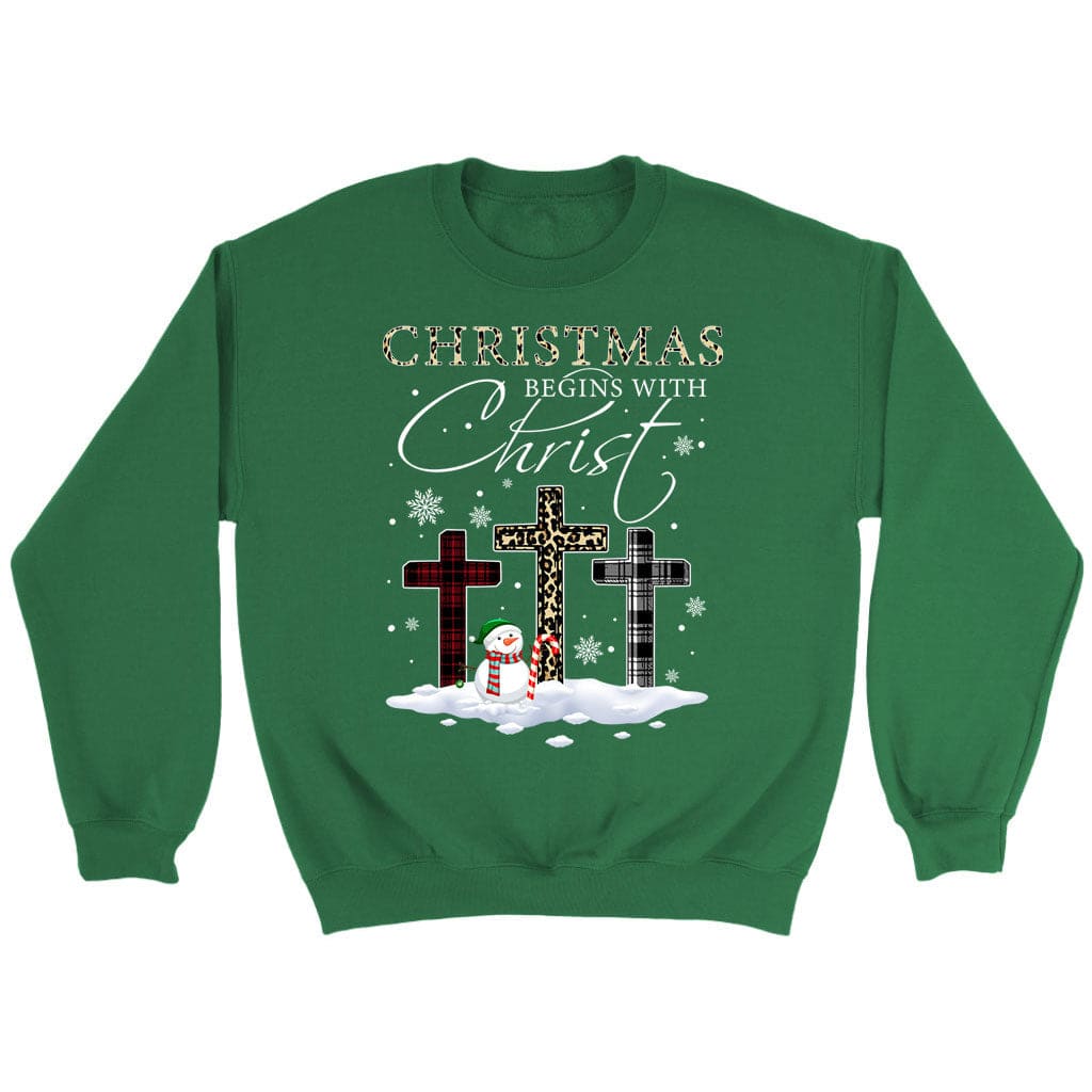 Christmas Begins With Christ Crosses Snowman Christmas Sweatshirt Irish Green / S