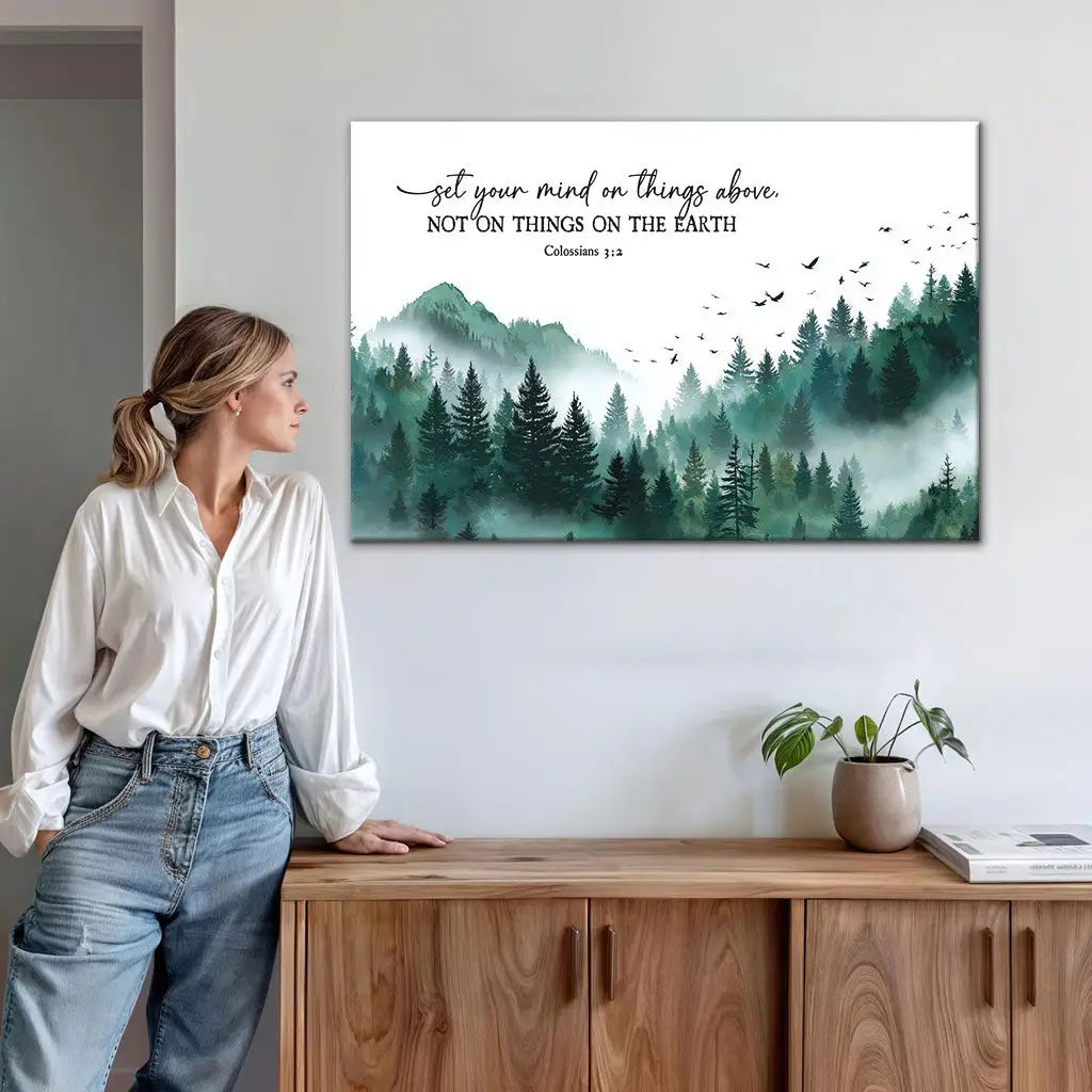 Christian wall art canvas Colossians 3:2 with mountain landscape and faith scripture
