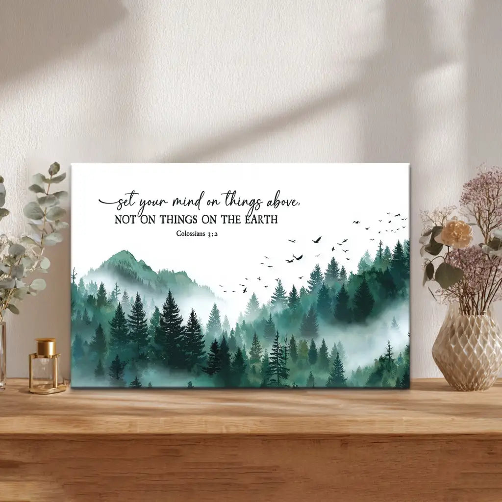 Set Your Mind On Things Above Colossians 3:2 Bible verse mountain forest wall decor
