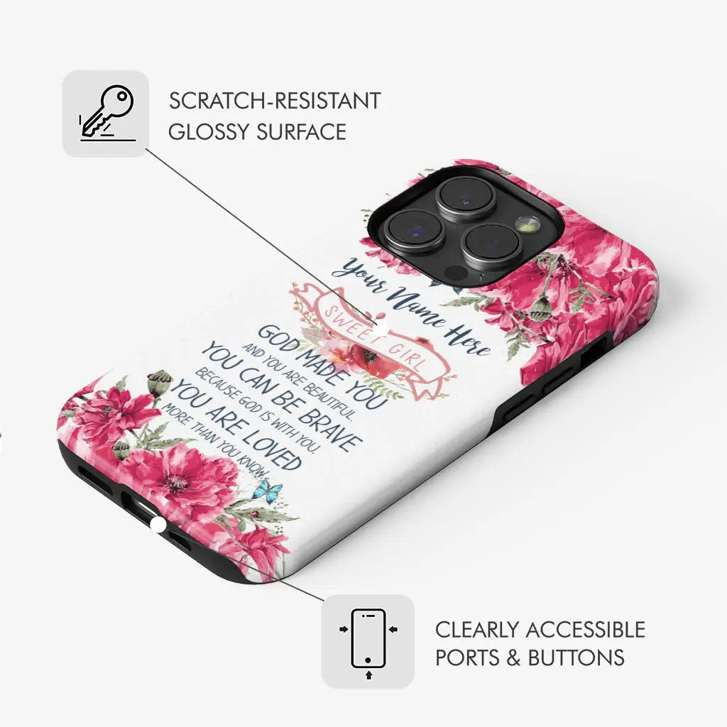 Inspirational phone case featuring "God Made You Beautiful," custom name, perfect for faith-based Christian gifts.