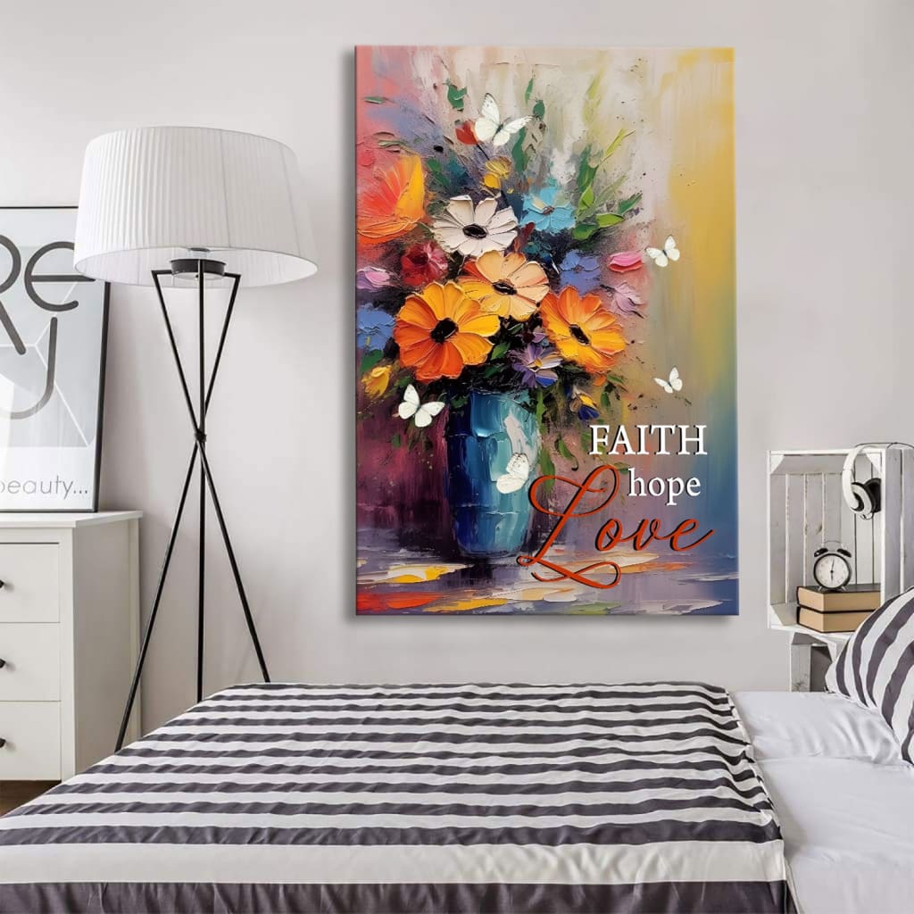 Christian wall art featuring "Faith Hope Love" with butterflies and flowers in a vase, uplifting faith-based decor.