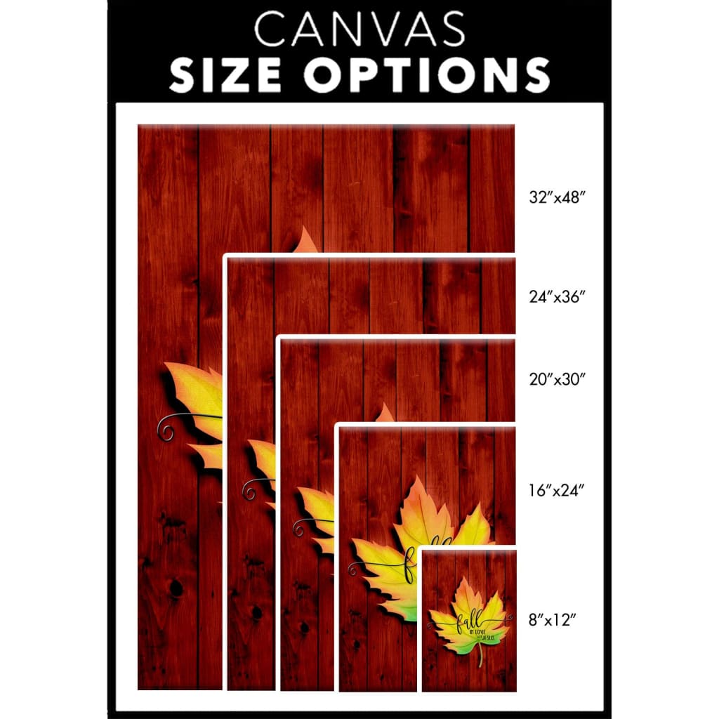 Religious wall art canvas with "Fall in Love With Jesus" and a red background with autumn leaves, perfect for faith-filled fall home decor / size options