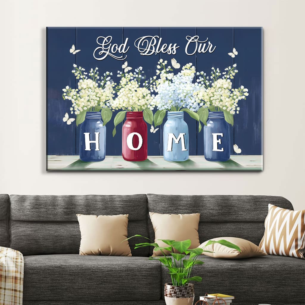 God Bless Our Home Butterflies and Flowers in Vases Wall Art Canvas