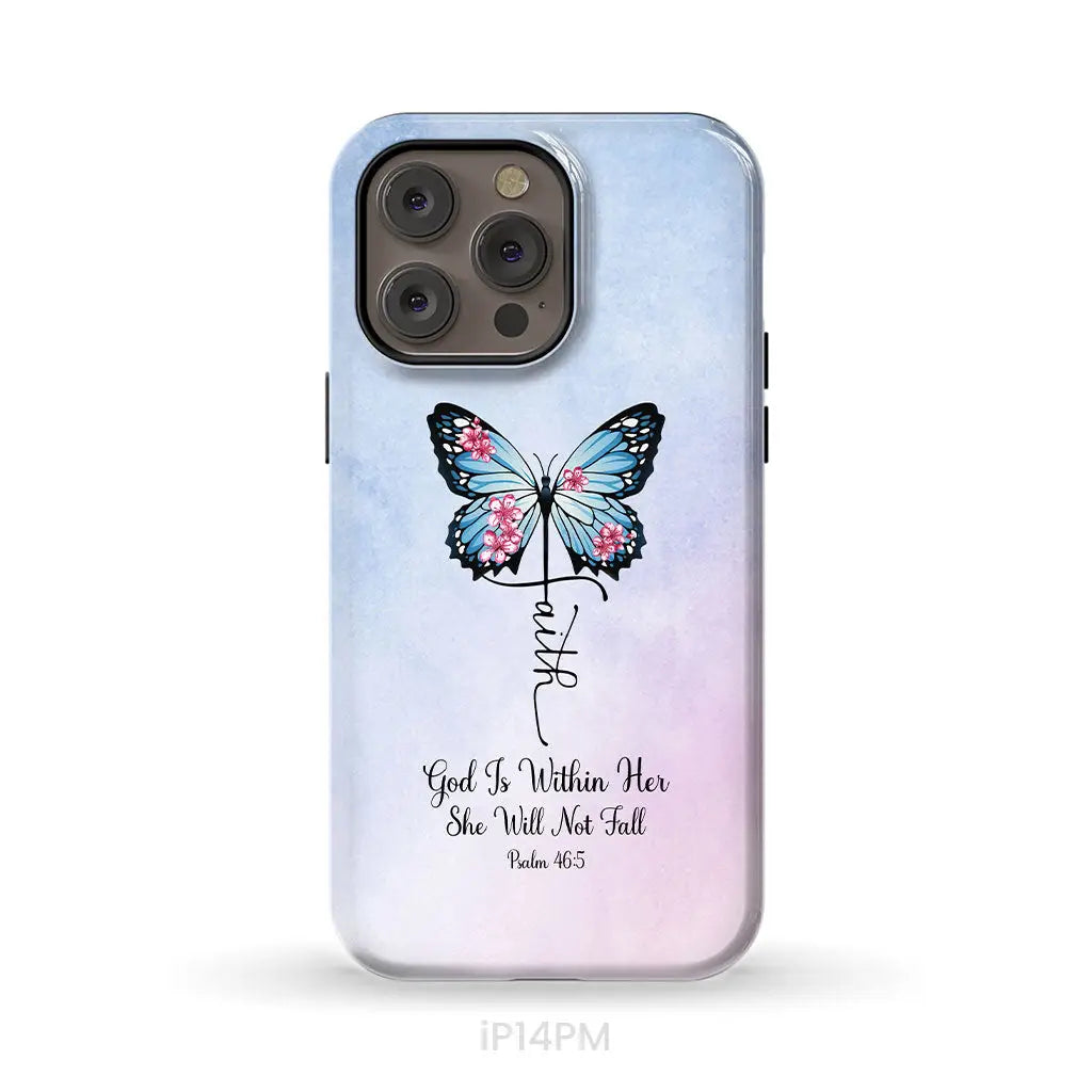 God is Within Her She Will Not Fall Faith Cross Butterfly Christian Phone Case iPhone 14 Pro Max / Tough Case