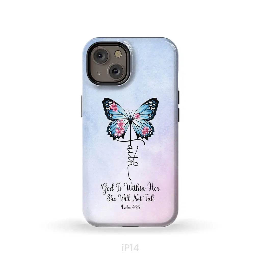 God is Within Her She Will Not Fall Faith Cross Butterfly Christian Phone Case iPhone 14 / Tough Case
