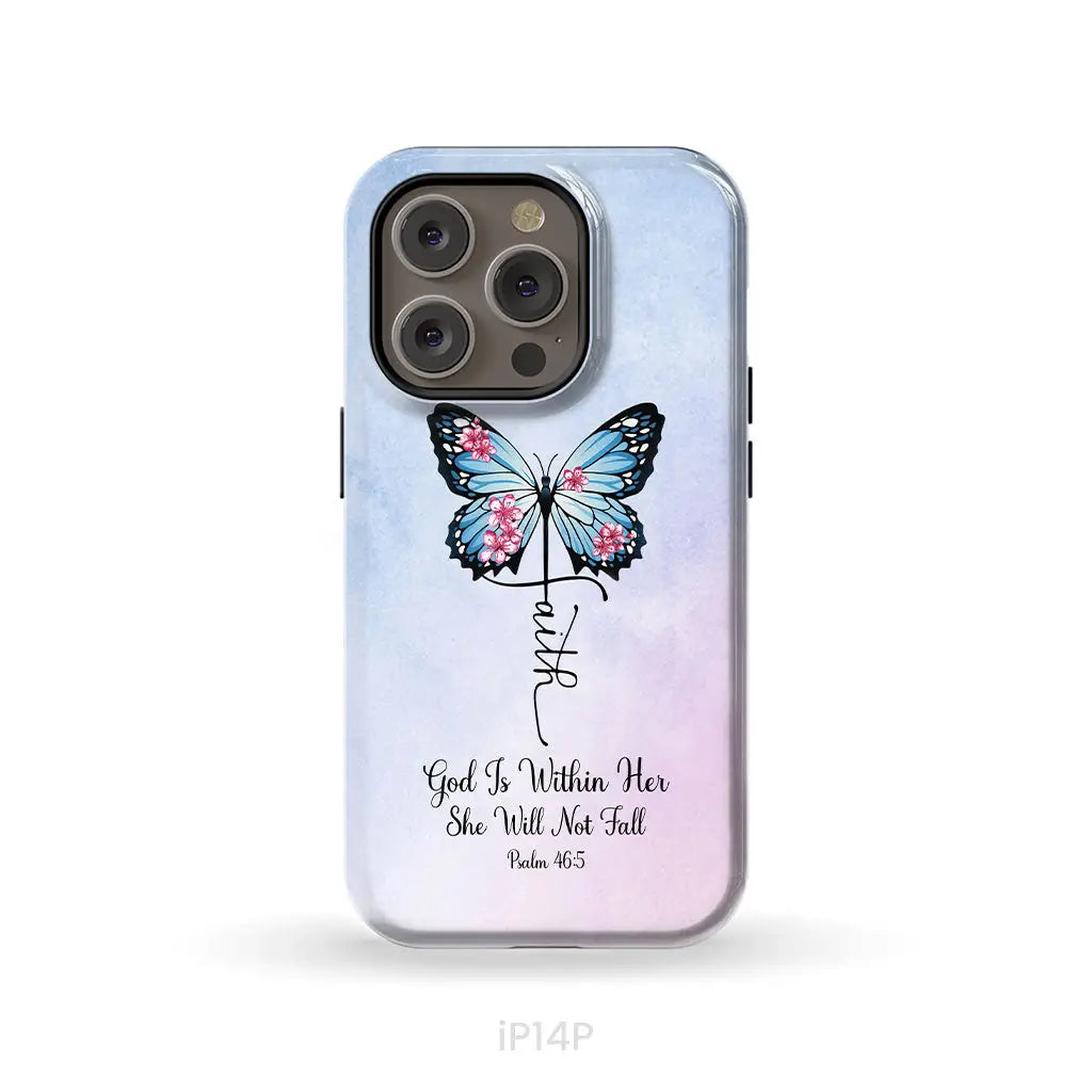 God is Within Her She Will Not Fall Faith Cross Butterfly Christian Phone Case iPhone 14 Pro / Tough Case