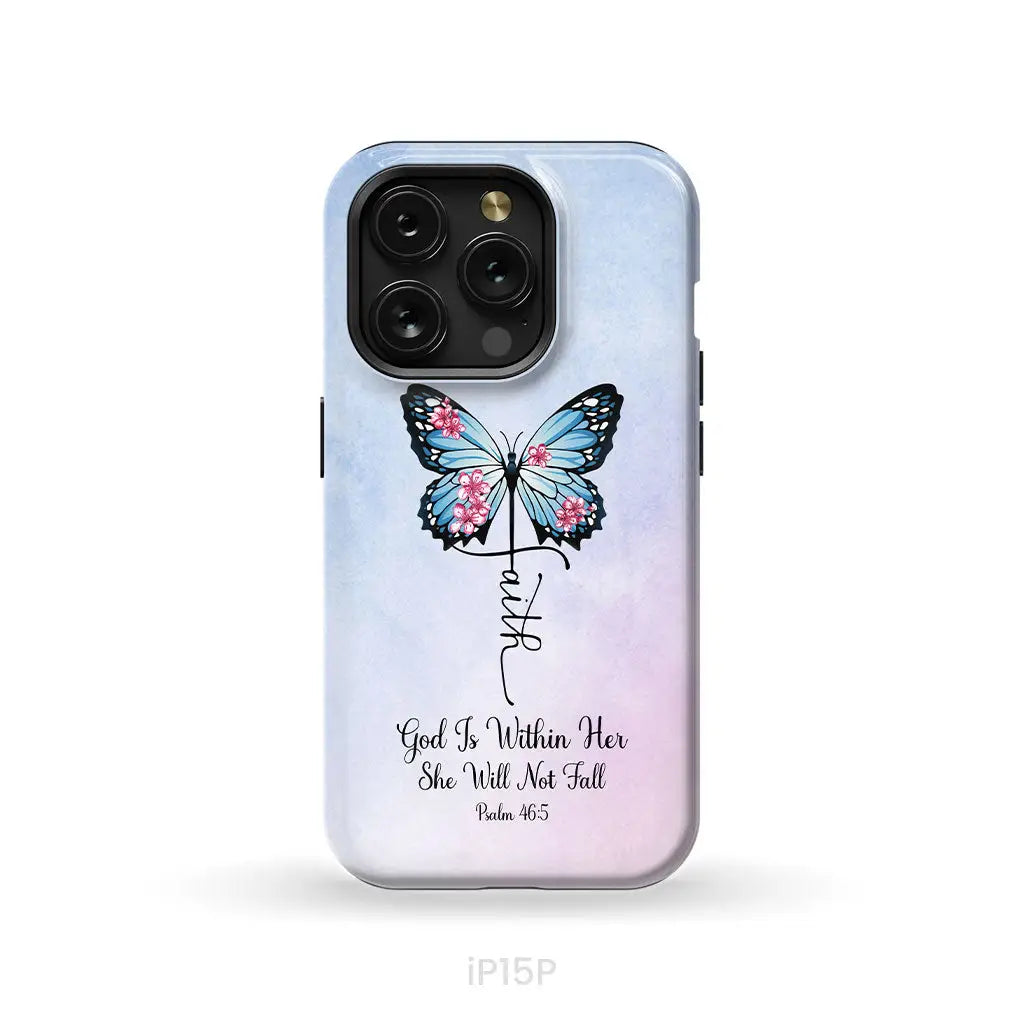 God is Within Her She Will Not Fall Faith Cross Butterfly Christian Phone Case iPhone 15 Pro / Tough Case