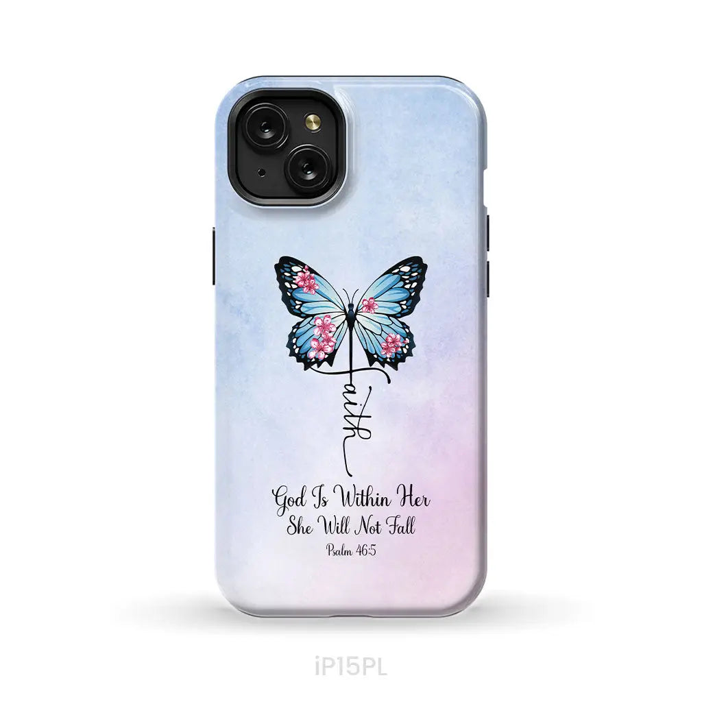 God is Within Her She Will Not Fall Faith Cross Butterfly Christian Phone Case iPhone 15 Plus / Tough Case