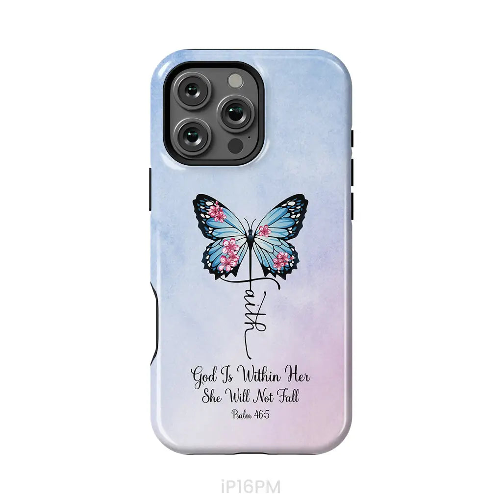 God is Within Her She Will Not Fall Faith Cross Butterfly Christian Phone Case iPhone 16 Pro Max / Tough Case