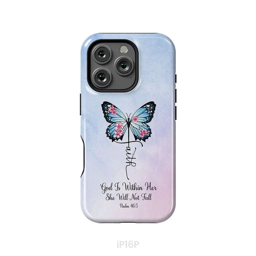 God is Within Her She Will Not Fall Faith Cross Butterfly Christian Phone Case iPhone 16 Pro / Tough Case