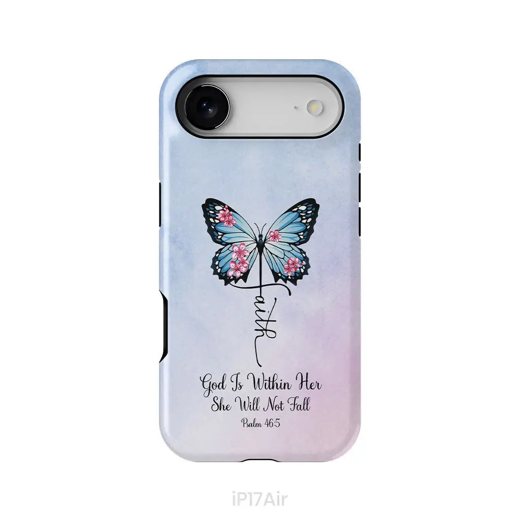 God is Within Her She Will Not Fall Faith Cross Butterfly Christian Phone Case iPhone 17 Air / Tough Case
