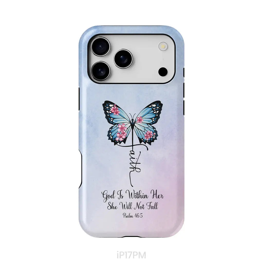 God is Within Her She Will Not Fall Faith Cross Butterfly Christian Phone Case iPhone 17 Pro Max / Tough Case