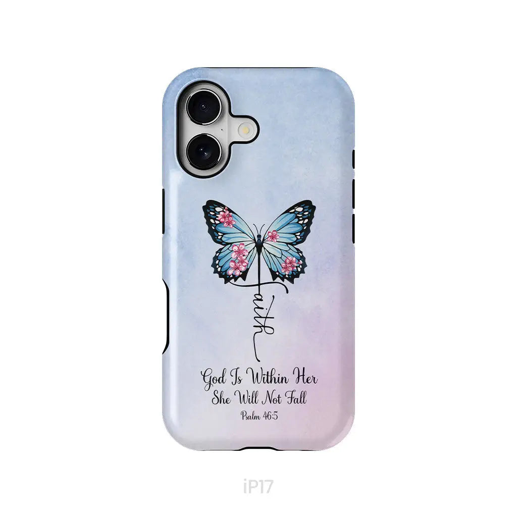God is Within Her She Will Not Fall Faith Cross Butterfly Christian Phone Case iPhone 17 / Tough Case