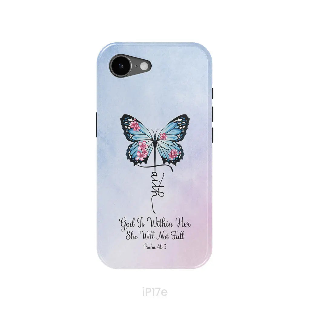 God is Within Her She Will Not Fall Faith Cross Butterfly Christian Phone Case iPhone 17e / Tough Case