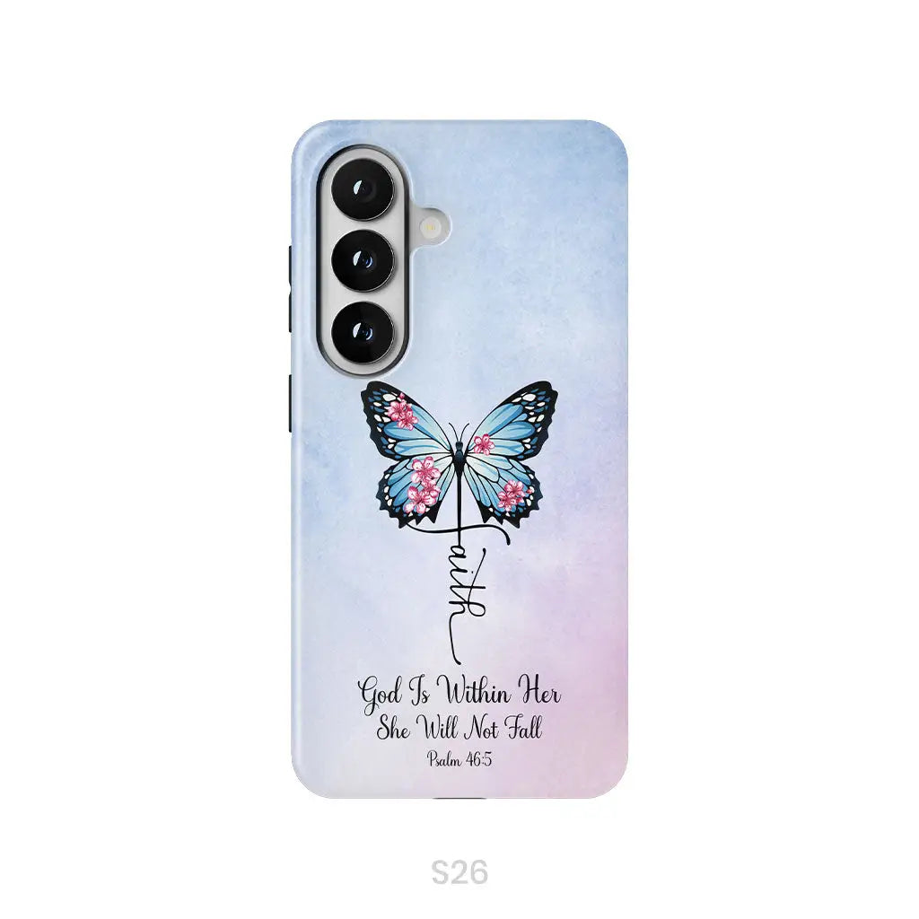 God is Within Her She Will Not Fall Faith Cross Butterfly Christian Phone Case Samsung Galaxy S26 / Tough Case