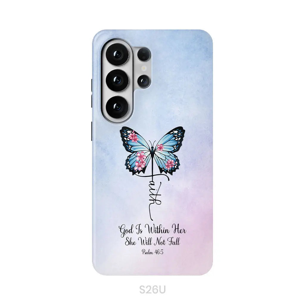 God is Within Her She Will Not Fall Faith Cross Butterfly Christian Phone Case Samsung Galaxy S26 Ultra / Tough Case