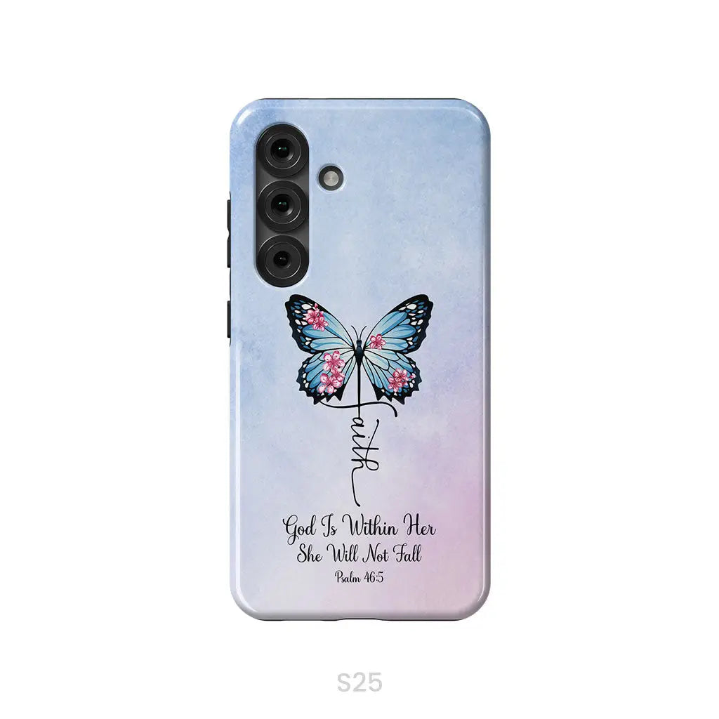 God is Within Her She Will Not Fall Faith Cross Butterfly Christian Phone Case Samsung Galaxy S25 / Tough Case