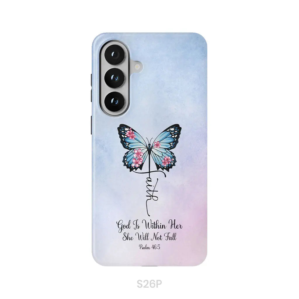 God is Within Her She Will Not Fall Faith Cross Butterfly Christian Phone Case Samsung Galaxy S26 Plus / Tough Case