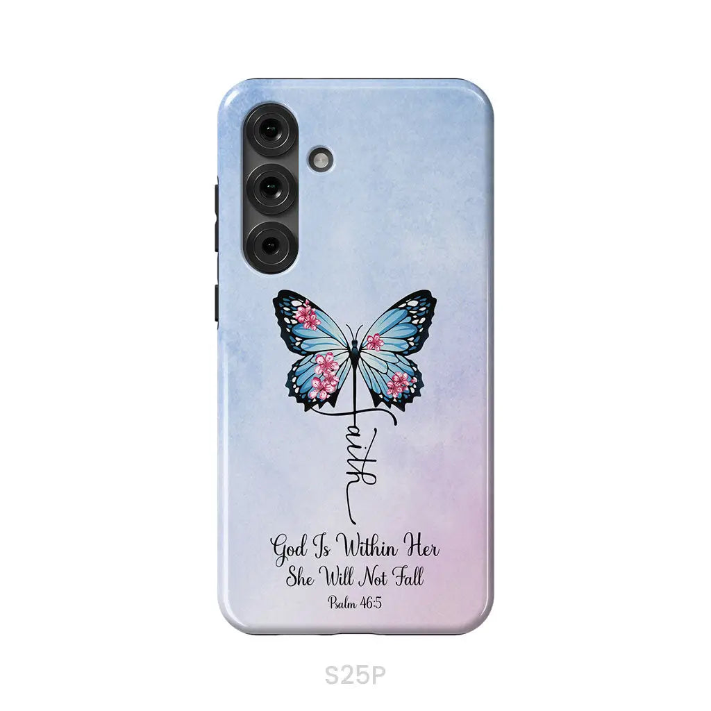 God is Within Her She Will Not Fall Faith Cross Butterfly Christian Phone Case Samsung Galaxy S25 Plus / Tough Case