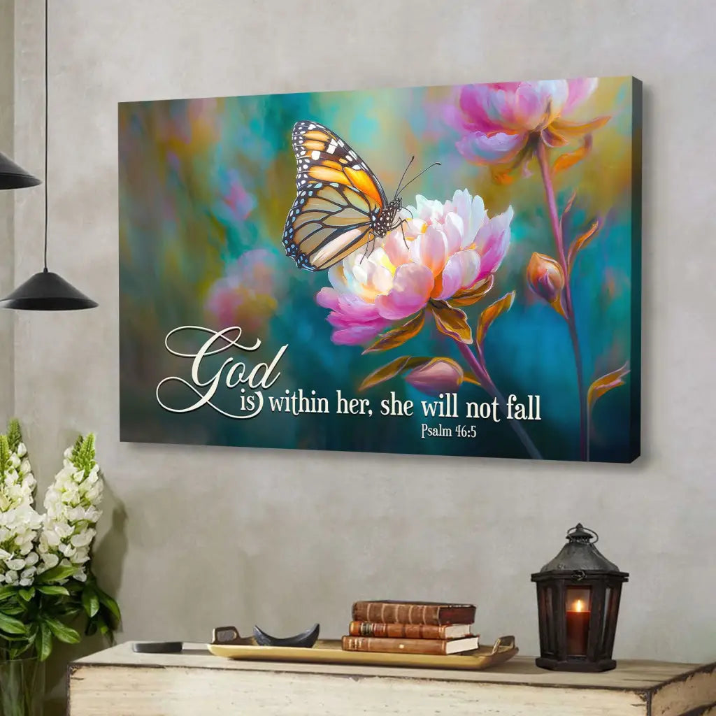 God is Within Her She Will Not Fall Monarch Butterfly and Peony - Christian Wall Art Canvas