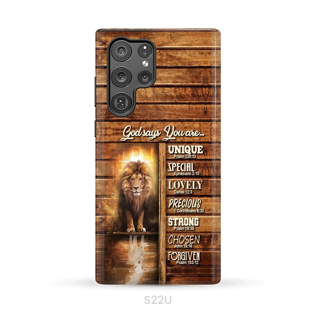 God says you are Lion and Lamb phone case - Christian phone cases Samsung Galaxy S22 Ultra / Tough Case