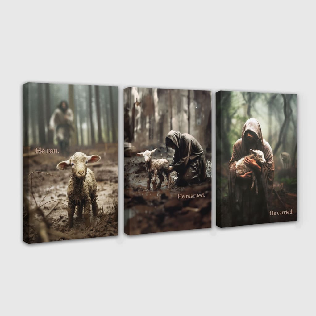 Christian decor, He Ran He Rescued He Carried 3 Panel Wall Art Canvas