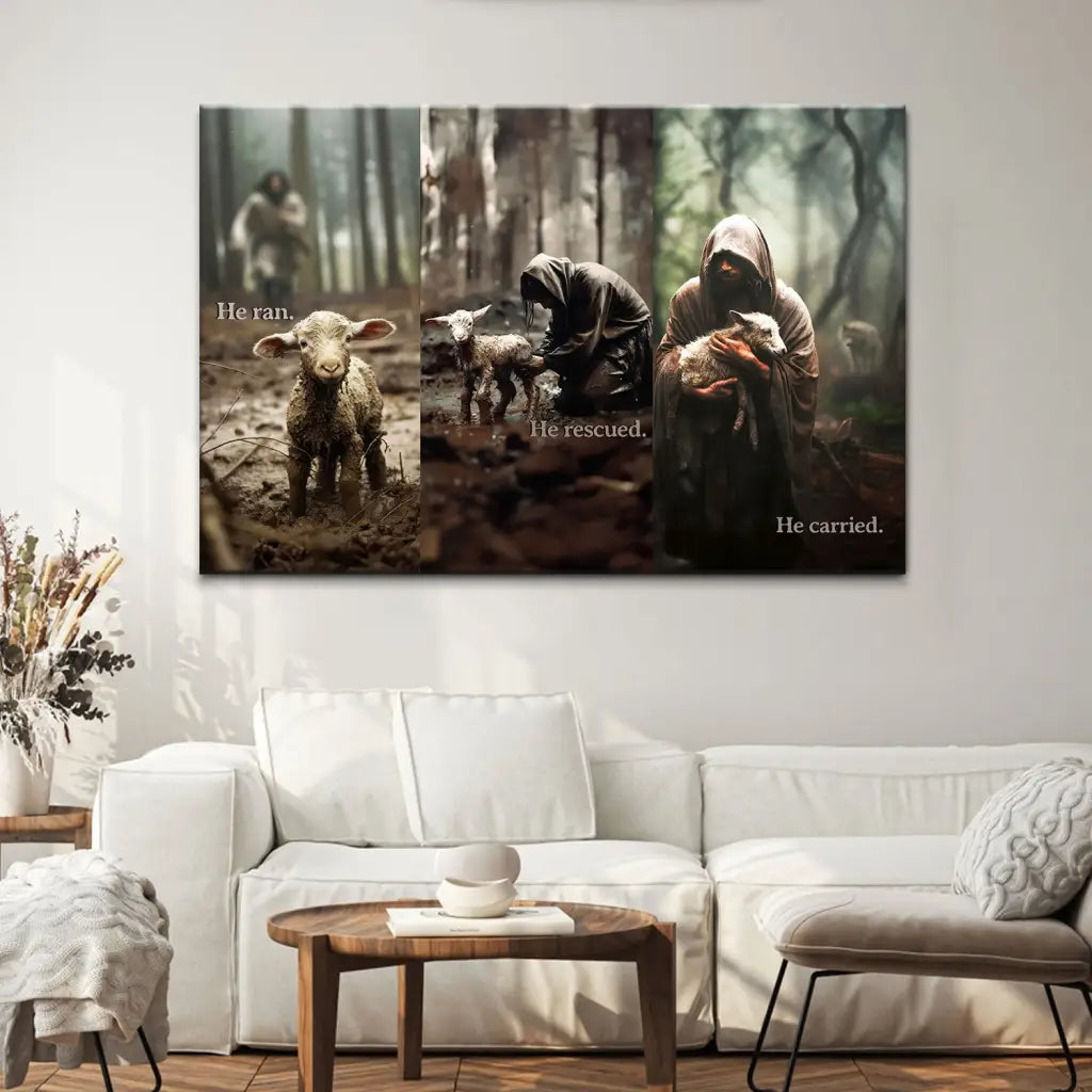 Christian wall art featuring "He Ran He Rescued He Carried" with Jesus carrying a lost sheep, perfect faith-based home decor / Landscape