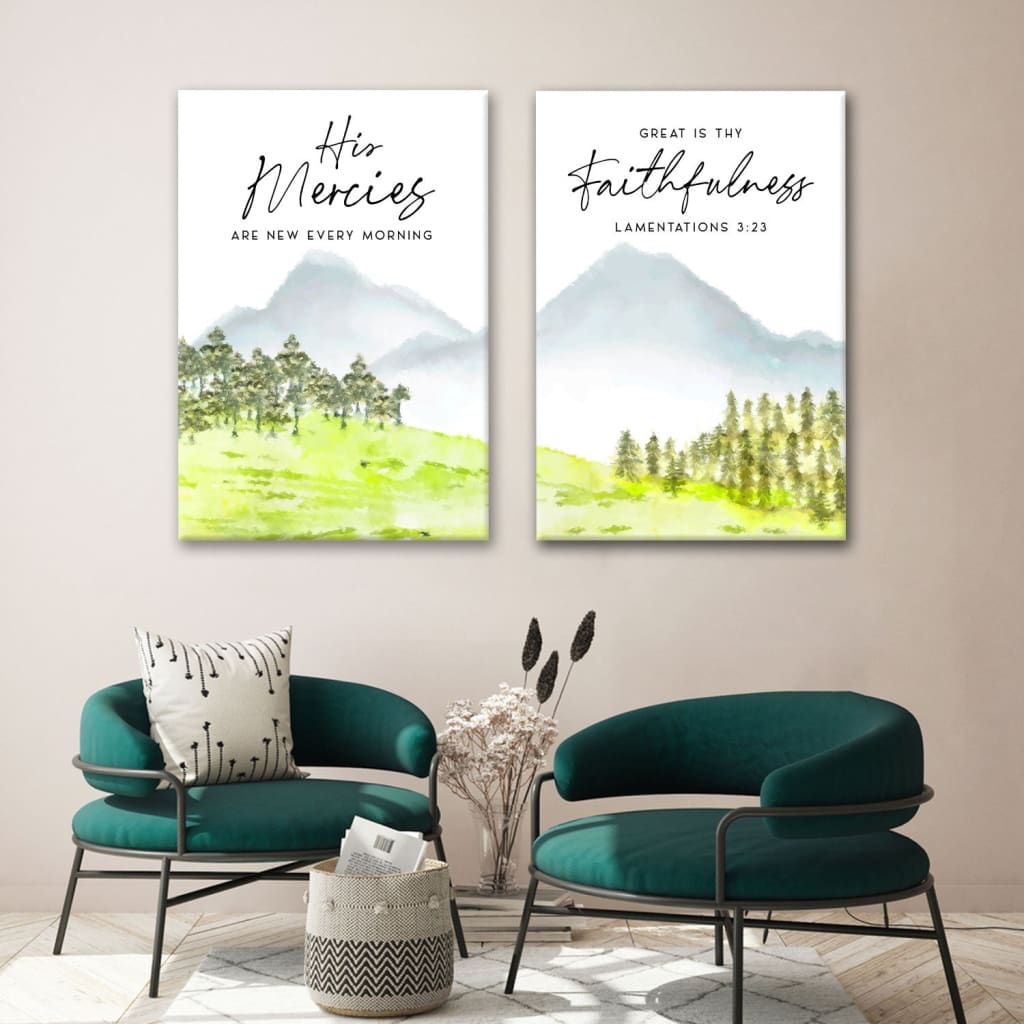 Christian 2-panel canvas wall art with Lamentations 3:23, "His mercies are new every morning, great is Thy faithfulness," perfect for inspiring home decor.