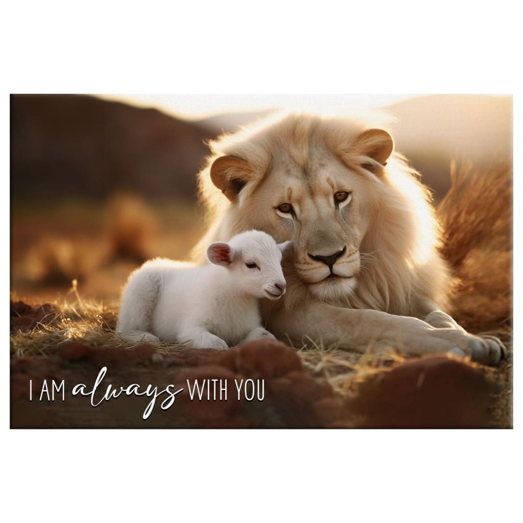 Religious wall art decor featuring a Lion and Lamb with "I Am Always With You," perfect for faith-filled home decor.