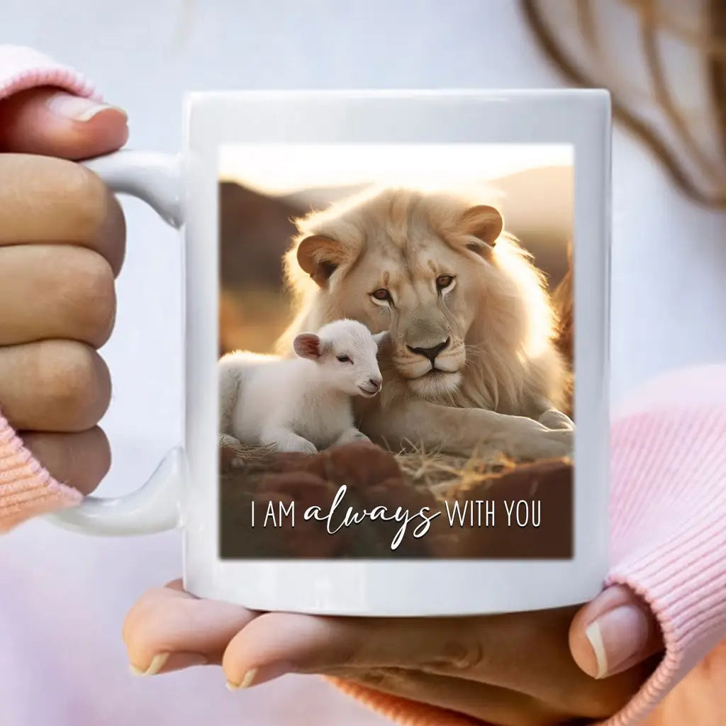 Christian coffee mug featuring "I Am Always With You" with a lion and lamb sitting in a serene field, ideal inspirational gift for believers / White.