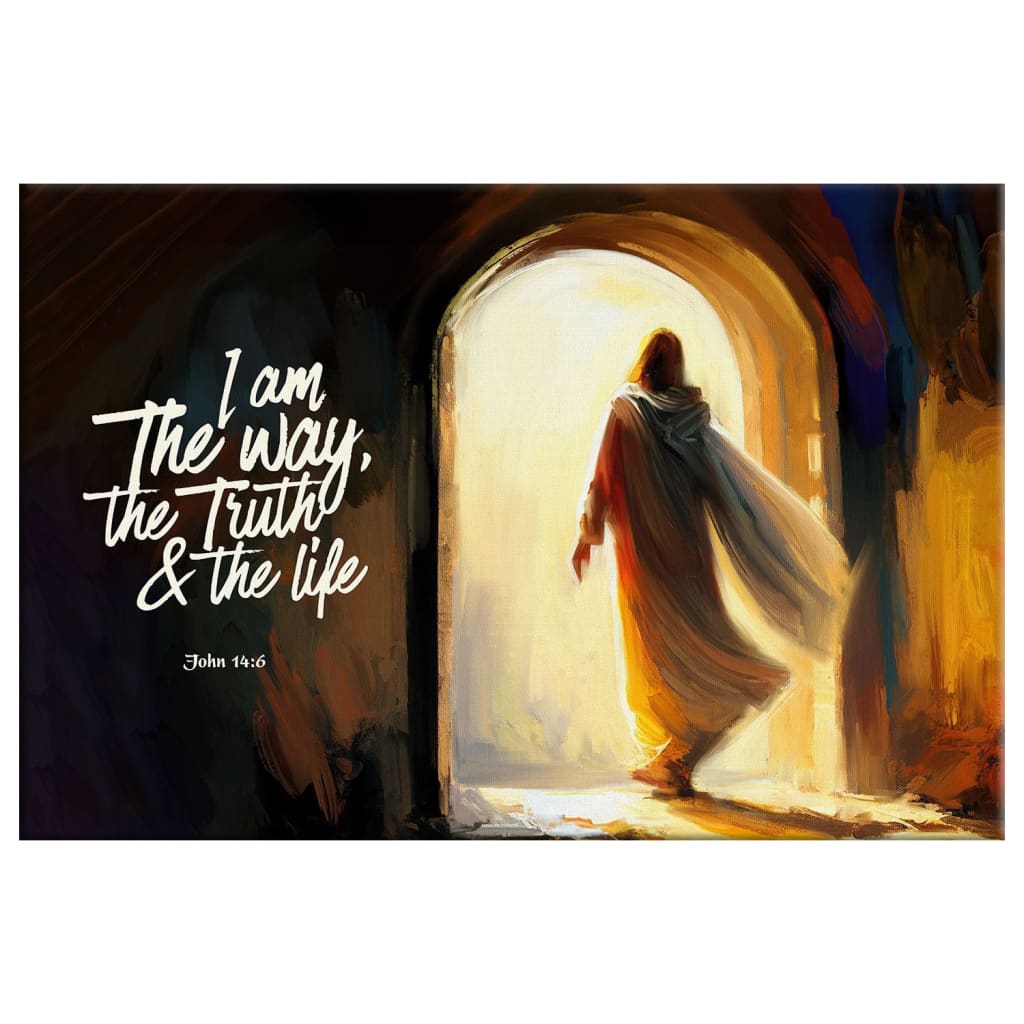 Religious wall art canvas featuring John 14:6, "I Am The Way The Truth And The Life," and Jesus' tomb art, perfect for Inspirational faith home decor.