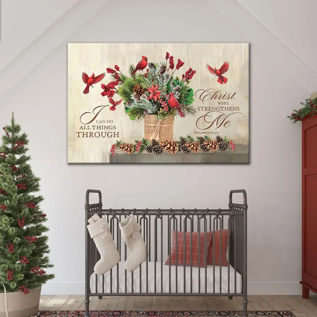 "I Can Do All Things Through Christ" wall art, decorated with red cardinals, pinecones, and greenery, perfect for Christian gifts.