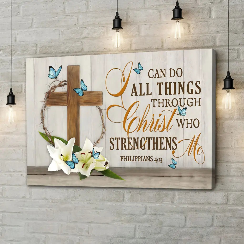 Religious wall art canvas featuring "I Can Do All Things Through Christ," lily flower, and butterflies, perfect for Christian homes / Landscape.