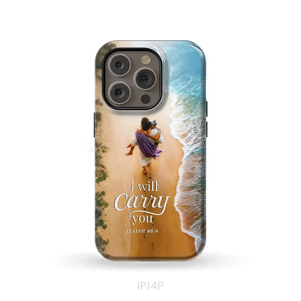I Will Carry You – Jesus Carrying Elderly Woman Isaiah 46:4 Christian Phone Case iPhone 14 Pro / Tough Case