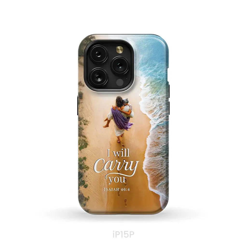 I Will Carry You – Jesus Carrying Elderly Woman Isaiah 46:4 Christian Phone Case iPhone 15 Pro / Tough Case