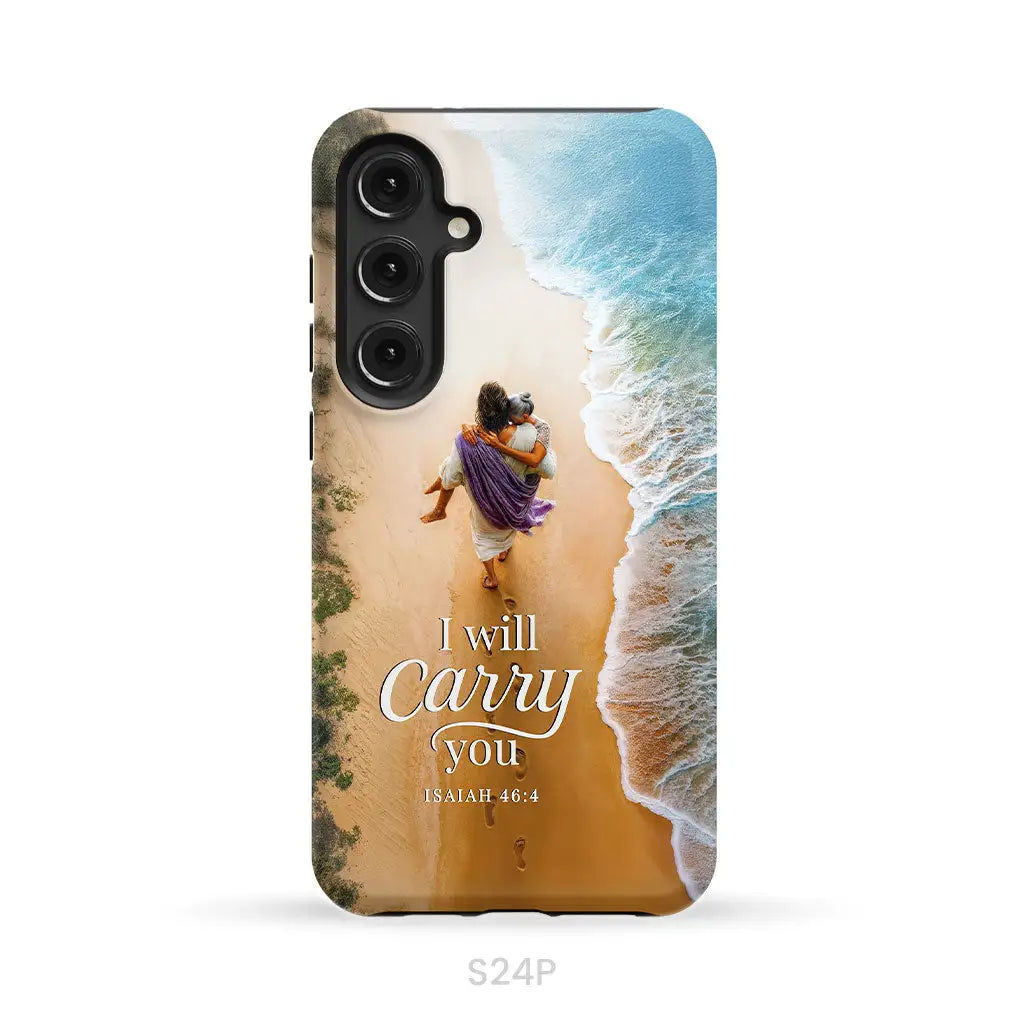 I Will Carry You – Jesus Carrying Elderly Woman Isaiah 46:4 Christian Phone Case Samsung Galaxy S24 Plus / Tough Case