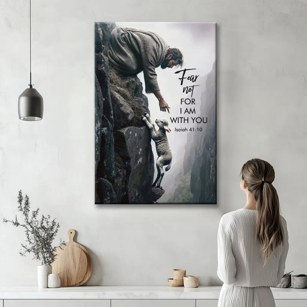 Bible verse wall decor showing Jesus reaching to save a lamb, paired with Isaiah 41:10 'Fear not for I am with you'.