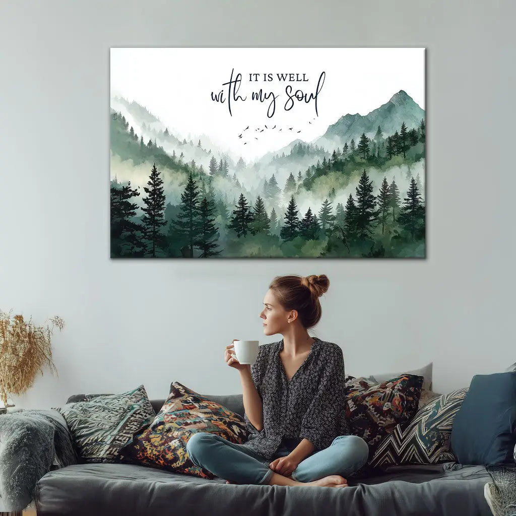Mountain forest Christian canvas wall art It Is Well With My Soul Bible hymn decor for prayer room