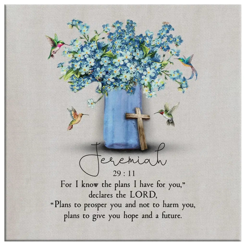 Christian canvas print featuring Jeremiah 29:11 NIV, hummingbird, and flowers, ideal inspirational wall art for homes.